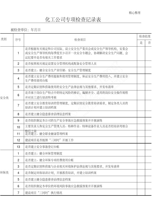 化工公司安全环保专项检查记录表格模板