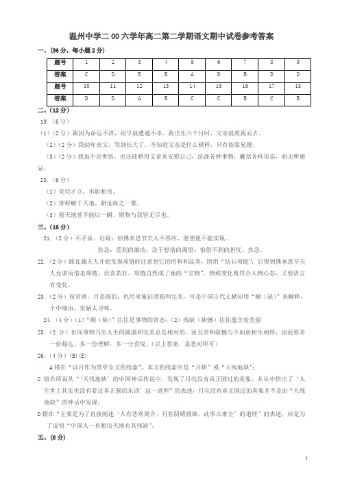 温州中学二00六学年高二第二学期语文期中试卷参考答案