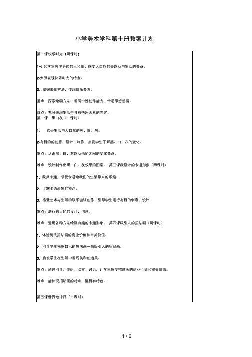 小学美术学科第十册教学计划