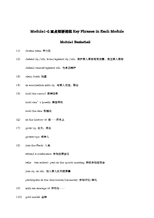 外研版高二英语下学期选修七重点短语词组总结Module1-6