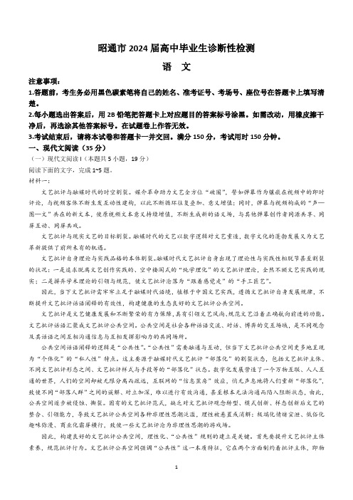 2024届云南省昭通市高中毕业生诊断性检测语文试卷(含答案)