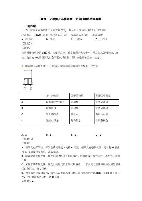 新高一化学氮及其化合物  知识归纳总结及答案