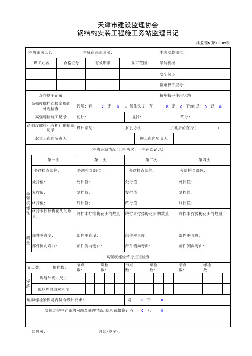 津监理B(钢)钢结构安装工程施工旁站监理日记