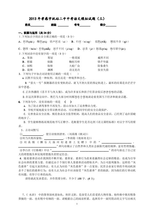 2013年湖北省孝感市祝站二中中考语文模拟试题(3)及答案