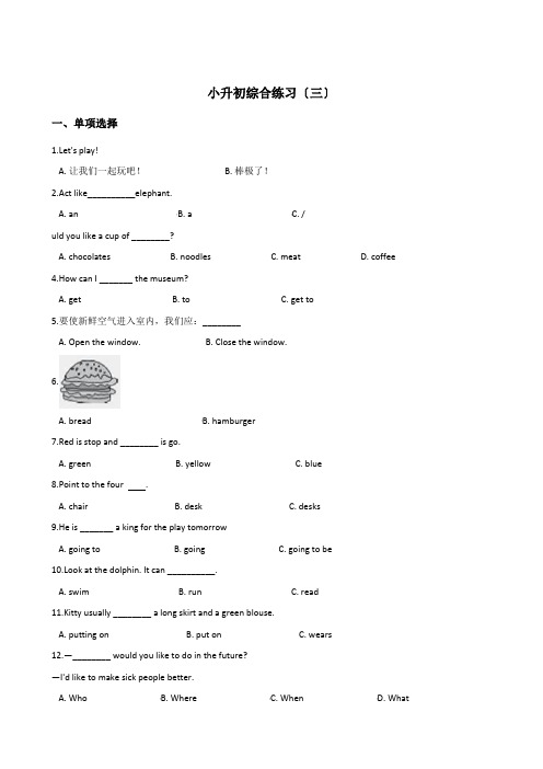 六年级下册英语试题--小升初综合练习(三)  湘少版 含答案