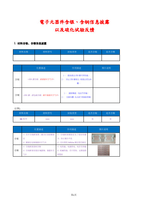 电子元器件含银、含铜信息披露以及硫化试验反馈表 模版