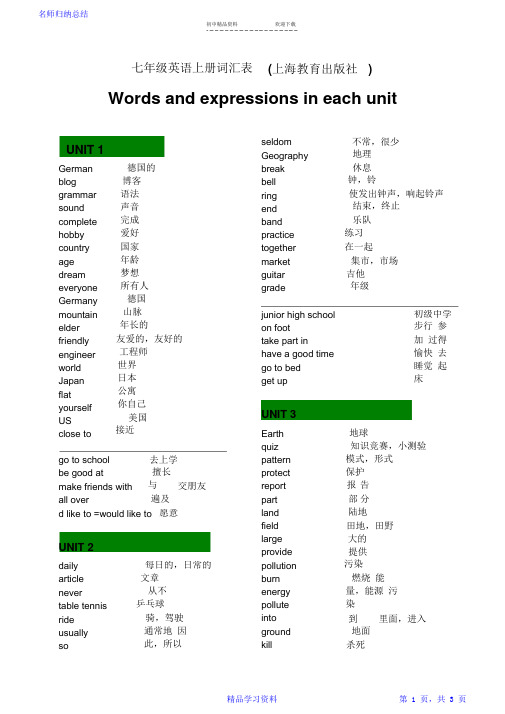 七年级英语上册词汇表(上海教育出版社)