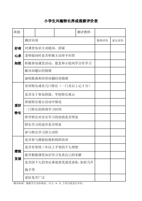 小学生兴趣特长养成观察评价表