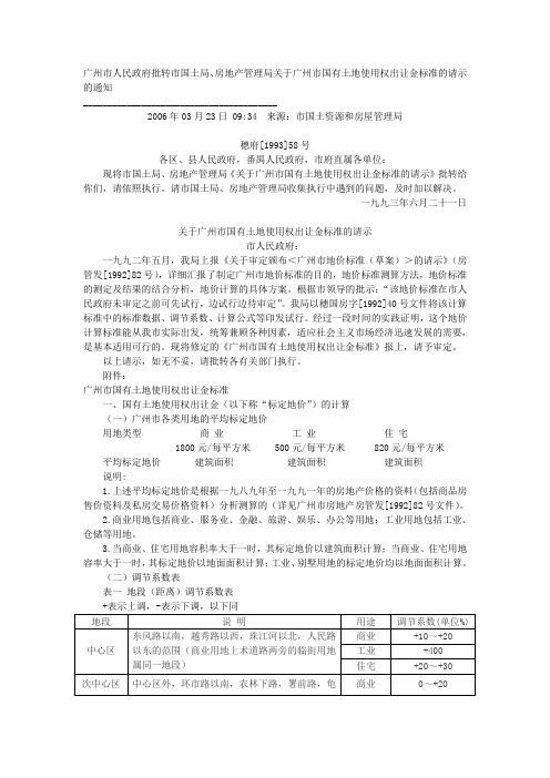 1993年广州市国有土地使用权出让金标准