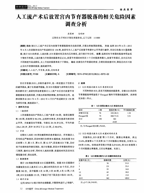 人工流产术后放置宫内节育器脱落的相关危险因素调查分析