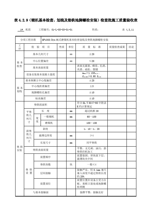 辅机基础检查划线及垫铁地脚螺栓安装检验批综合施工质量验收表