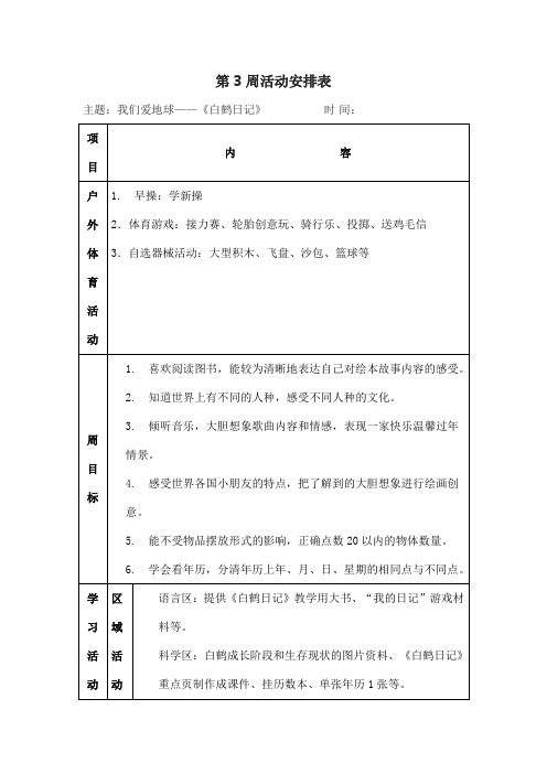 【幼儿园中班下学期】第3周活动安排表