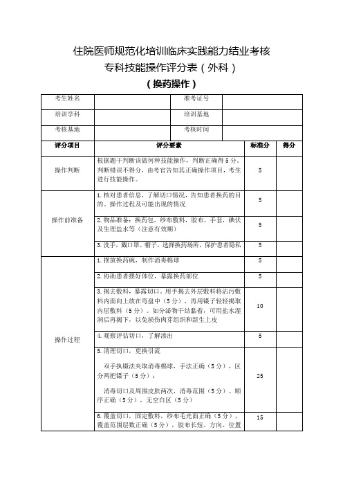 住院医师规范化培训临床实践能力结业考核专科技能操作评分表(外科)换药操作