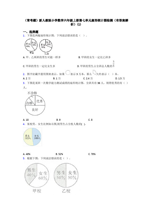 (常考题)新人教版小学数学六年级上册第七单元扇形统计图检测(有答案解析)(1)