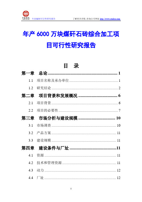 年产6000万块煤矸石砖综合加工项目可行性研究报告