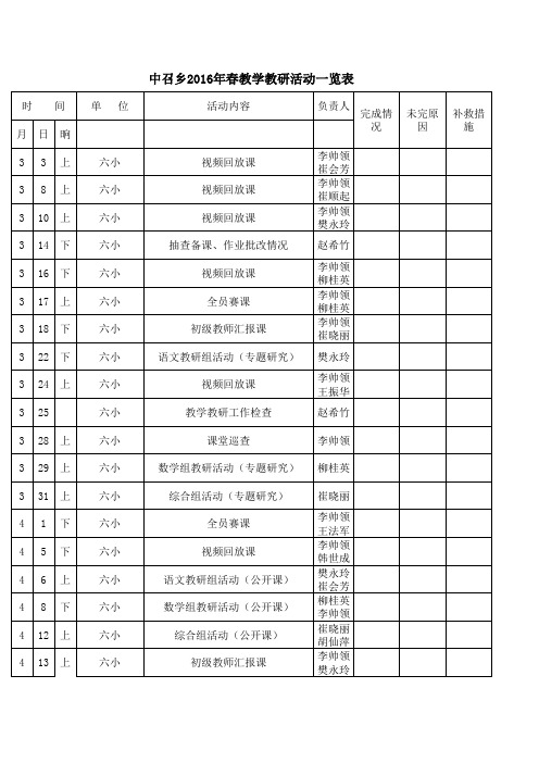 六小2016春教研活动一览表