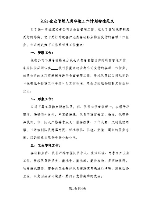 2023企业管理人员年度工作计划标准范文(2篇)