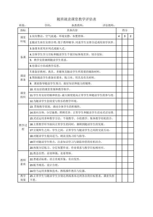 随班就读课堂教学评估表