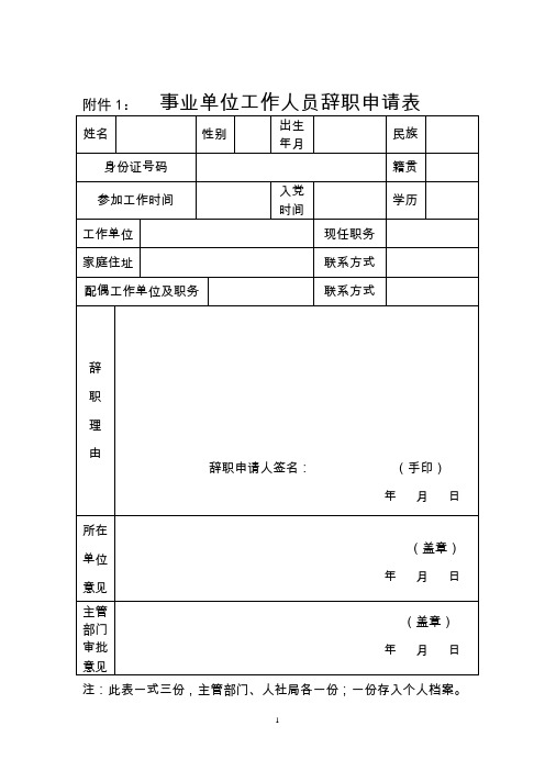 附件1： 事业单位工作人员辞职申请表