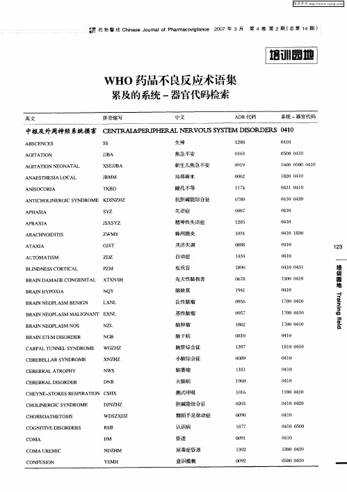 WHO药品不良反应术语集 累及的系统-器官代码检索0410