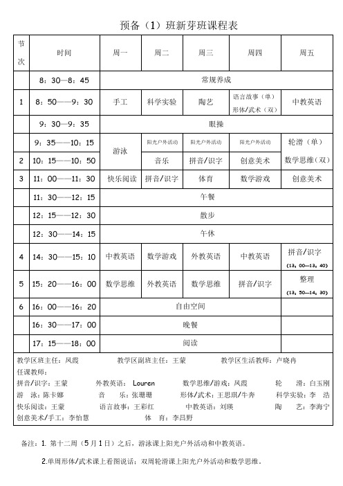 预备(1)班新芽班课程表 - 北京市新英才学校——为孩子 …