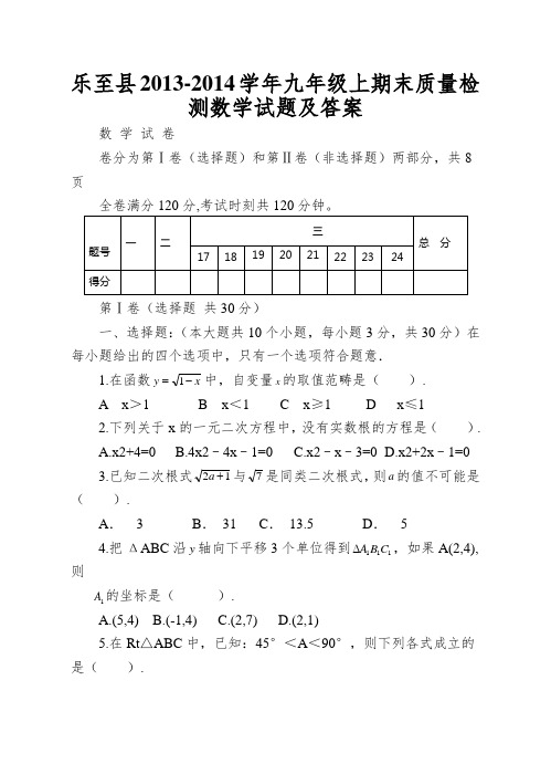 乐至县2013-2014学年九年级上期末质量检测数学试题及答案