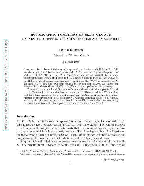 Holomorphic functions of slow growth on nested covering spaces of compact manifolds