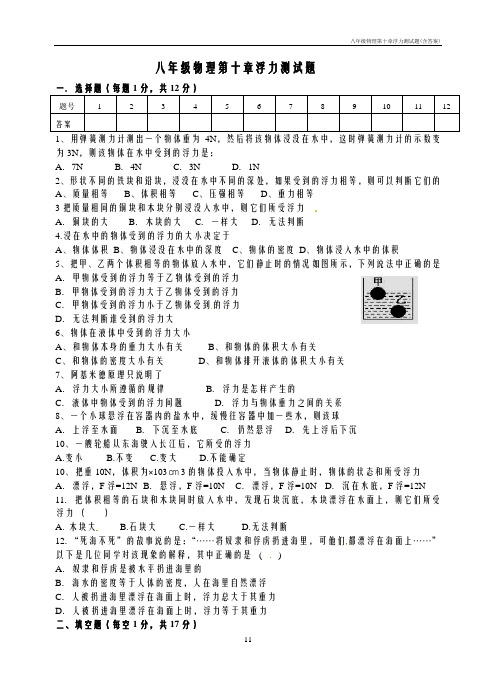 八年级物理第十章浮力测试题(含答案)
