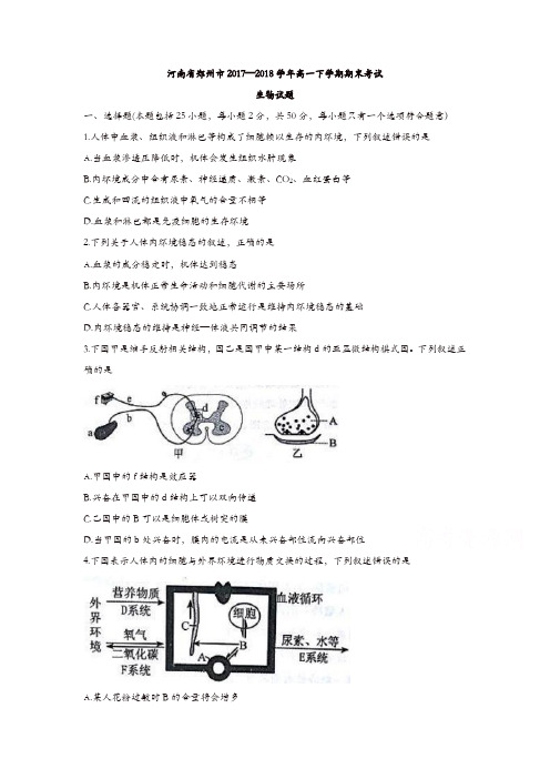 河南省郑州市2017—2018学年高一下学期期末考试生物试题含答案