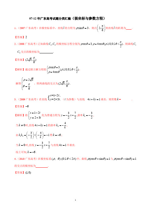 2007-2012年广东高考试题分类汇编极坐标与参数方程(含详细解答)