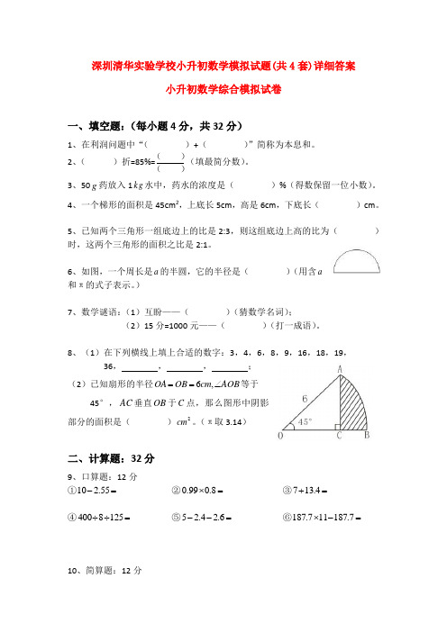 深圳清华实验学校小升初数学模拟试题(共4套)详细答案