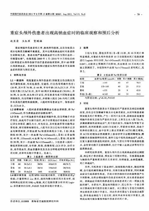 重症头颅外伤患者出现高钠血症时的临床观察和预后分析