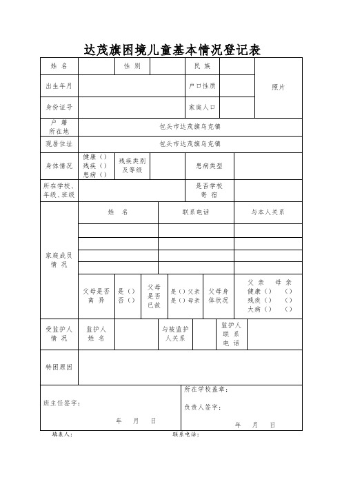 达茂旗困境儿童基本情况登记表