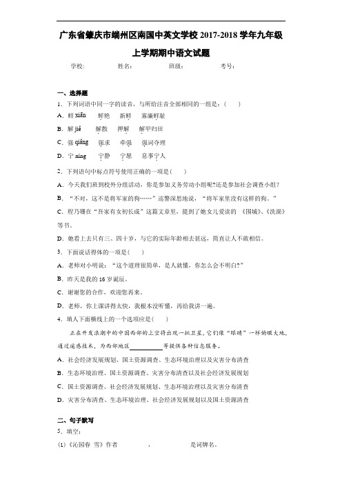 广东省肇庆市端州区南国中英文学校2017