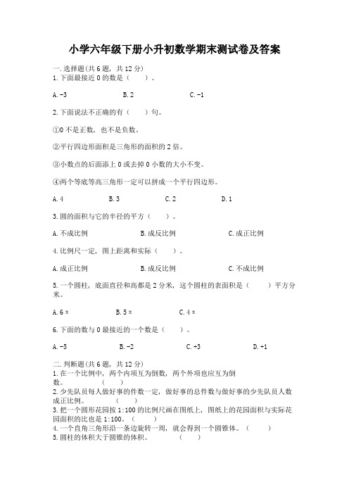 小学六年级下册小升初数学期末测试卷附参考答案(模拟题)