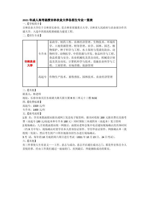 2021年成人高考函授吉林农业大学各招生专业一览表