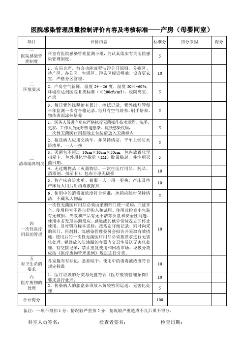 医院感染管理质量控制评价内容及考核标准(产房、母婴同室)