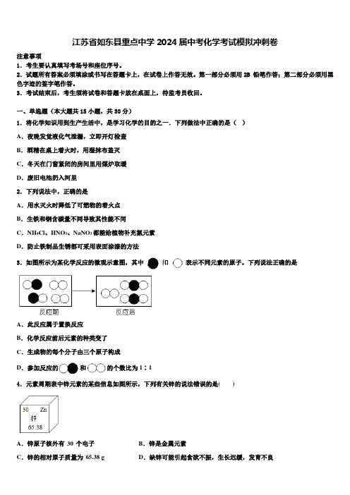 江苏省如东县重点中学2024届中考化学考试模拟冲刺卷含解析