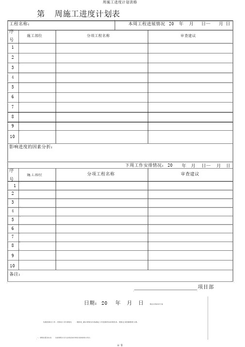 周施工进度计划表格