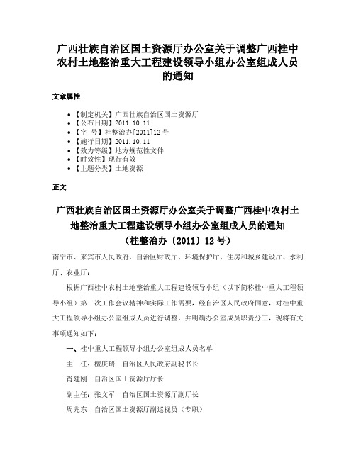 广西壮族自治区国土资源厅办公室关于调整广西桂中农村土地整治重大工程建设领导小组办公室组成人员的通知