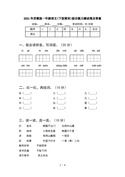 2021年苏教版一年级语文(下册期末)综合能力测试卷及答案