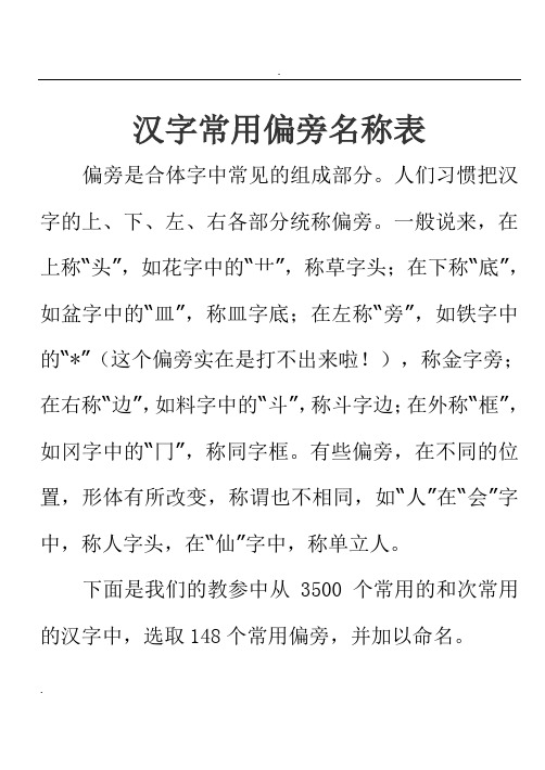 汉字常用偏旁名称表148个