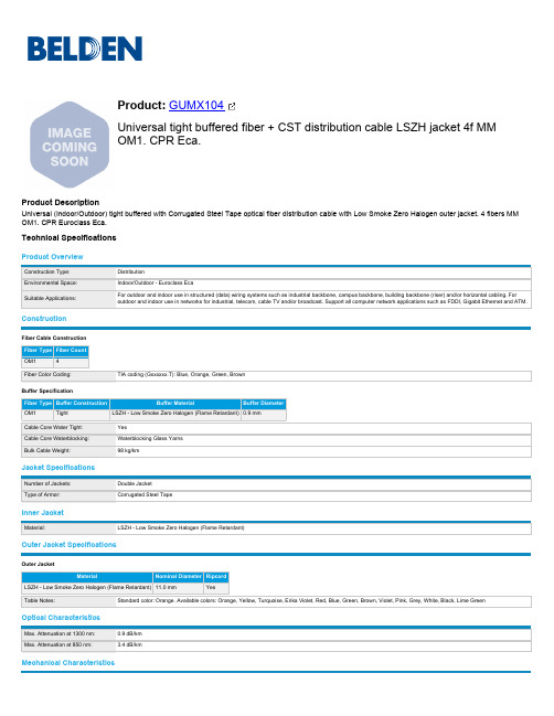 GUMX104型号的Universal紧固定光纤+CST分布式电缆，LSZH外衣，4纤MM OM1类