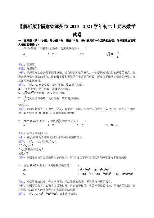 【解析版】福建省漳州市2020—2021学年初二上期末数学试卷