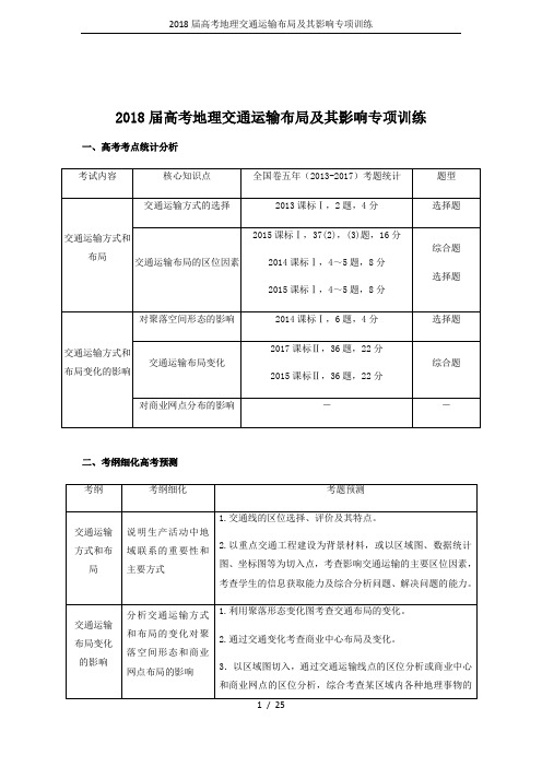 2018届高考地理交通运输布局及其影响专项训练