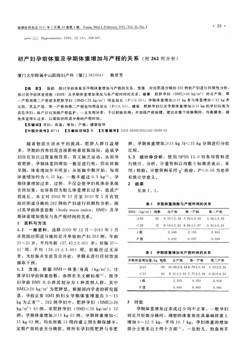 初产妇孕前体重及孕期体重增加与产程的关系(附262例分析)