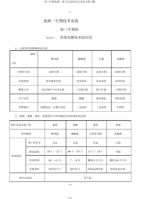 高三生物选修一复习计划知识点及复习练习题