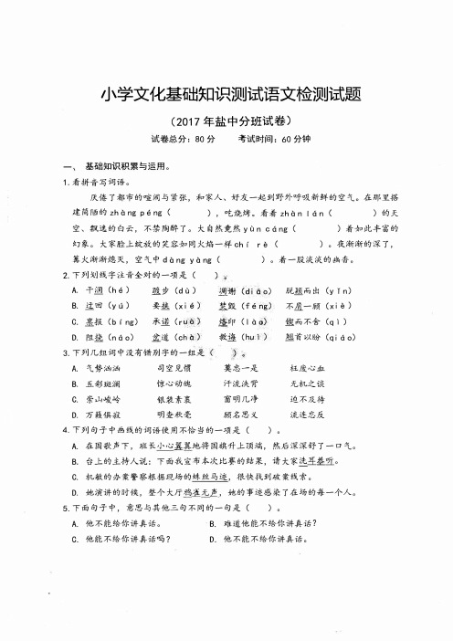 江苏盐城中学小升初新初一分班考试语文试卷