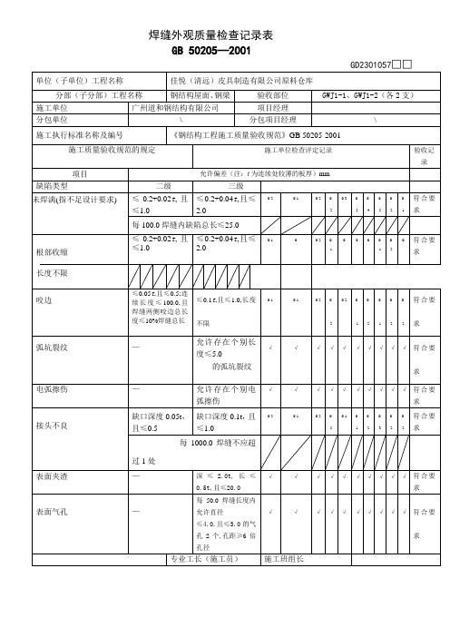 钢梁焊缝外观质量检查记录表