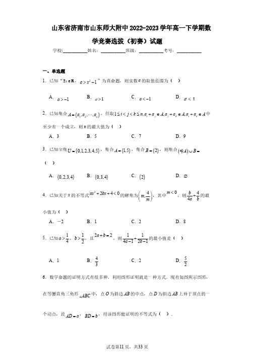 山东省济南市山东师大附中2022-2023学年高一下学期数学竞赛选拔(初赛)试题